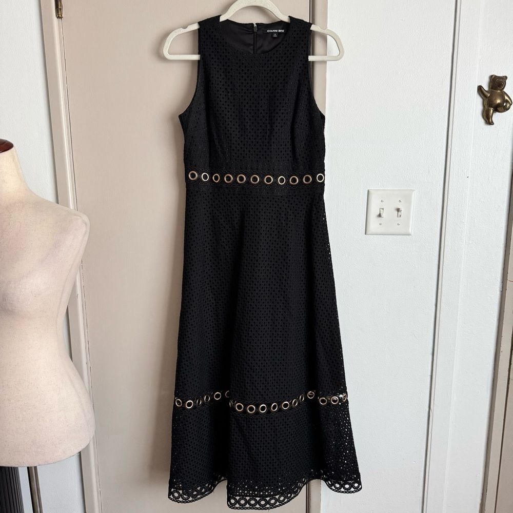 Gianni Bini Black Eyelet Lace Midi Dress with Gold Details - Picture 2 of 6